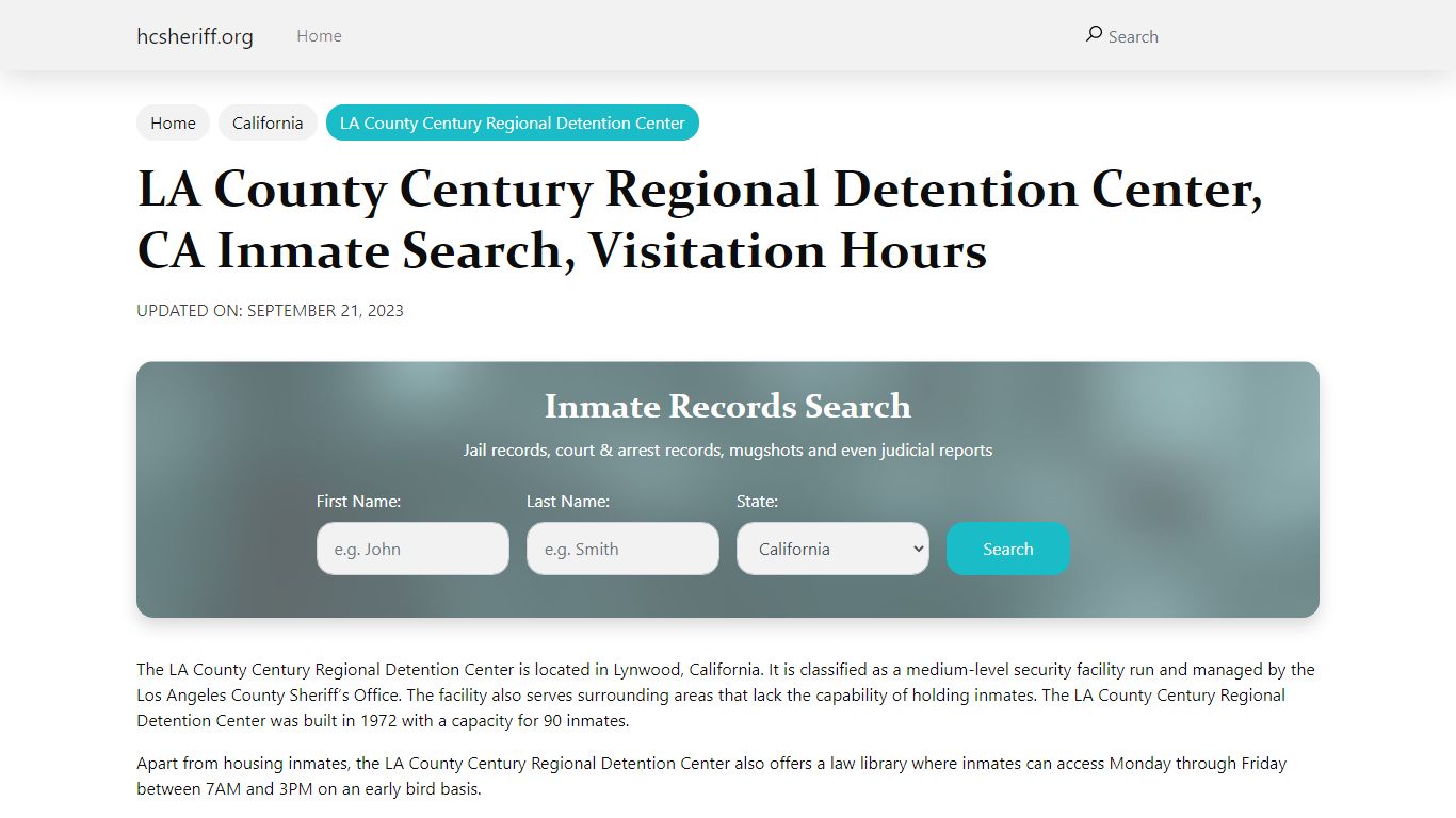 LA County Century Regional Detention Center, CA Inmate Search ...